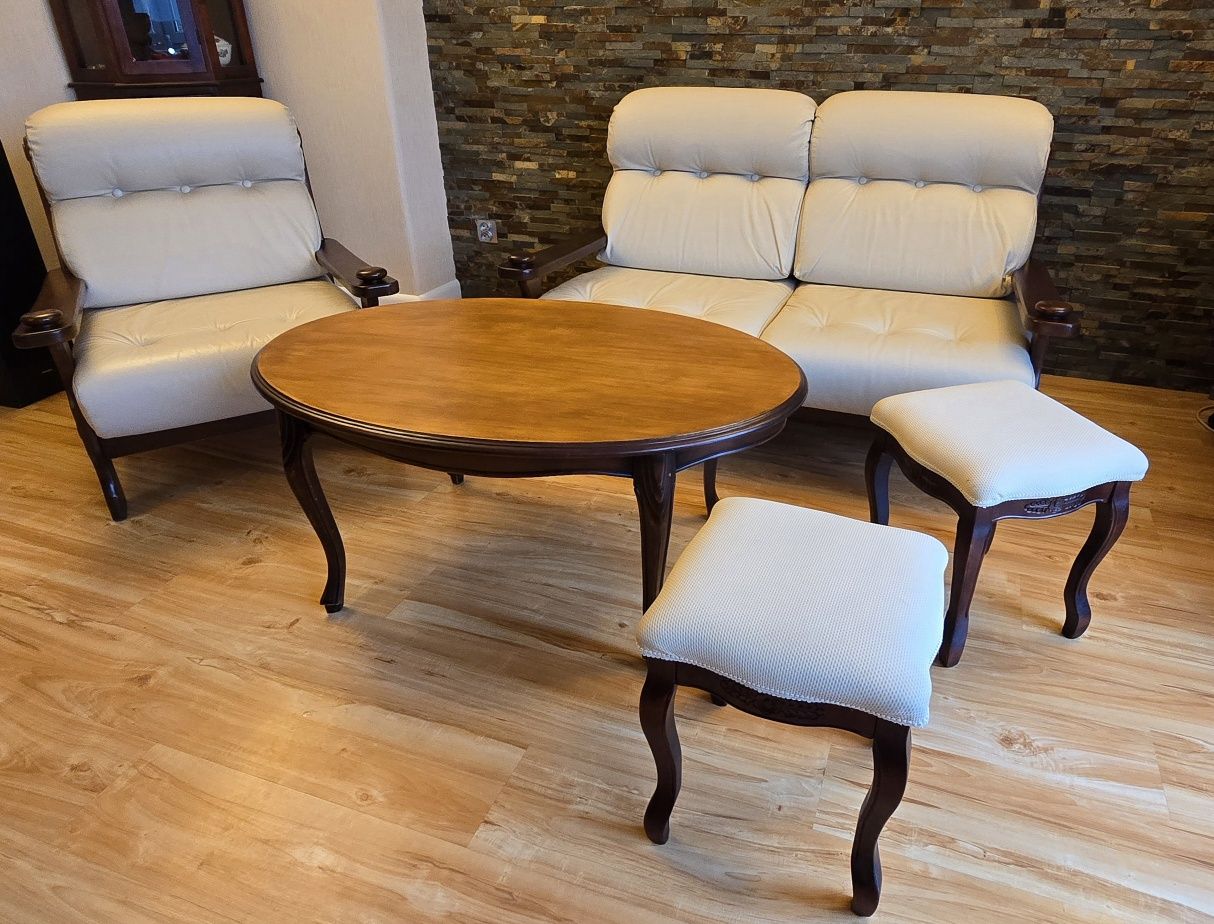 Komplet mebli do salonu 5 elementów skóra naturalna drewno