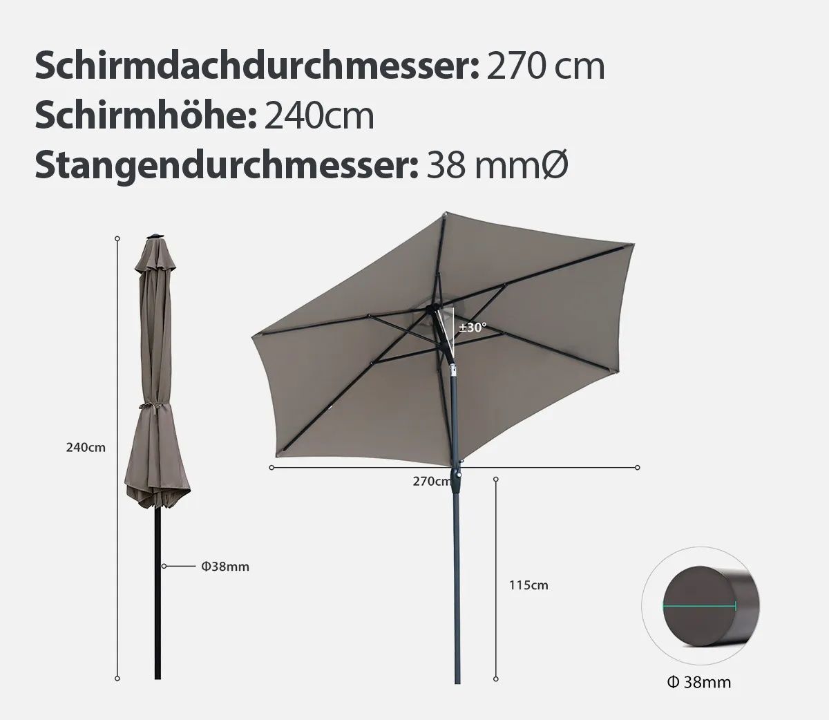 Aluminiowy parasol korbowy Sekey o długości 270 cm, UV50+