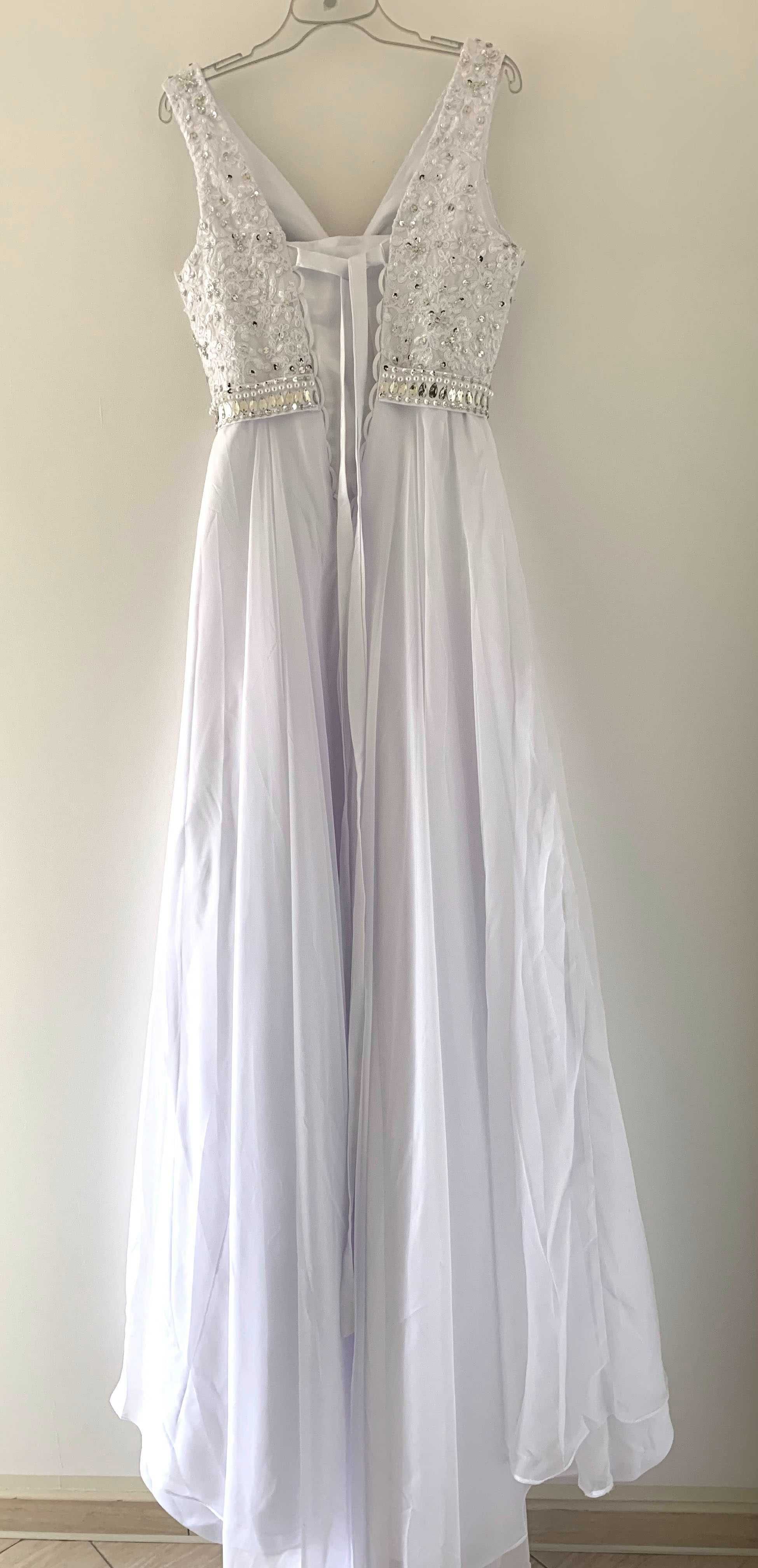 Suknia ślubna wiązana koronka kryształki 36 S