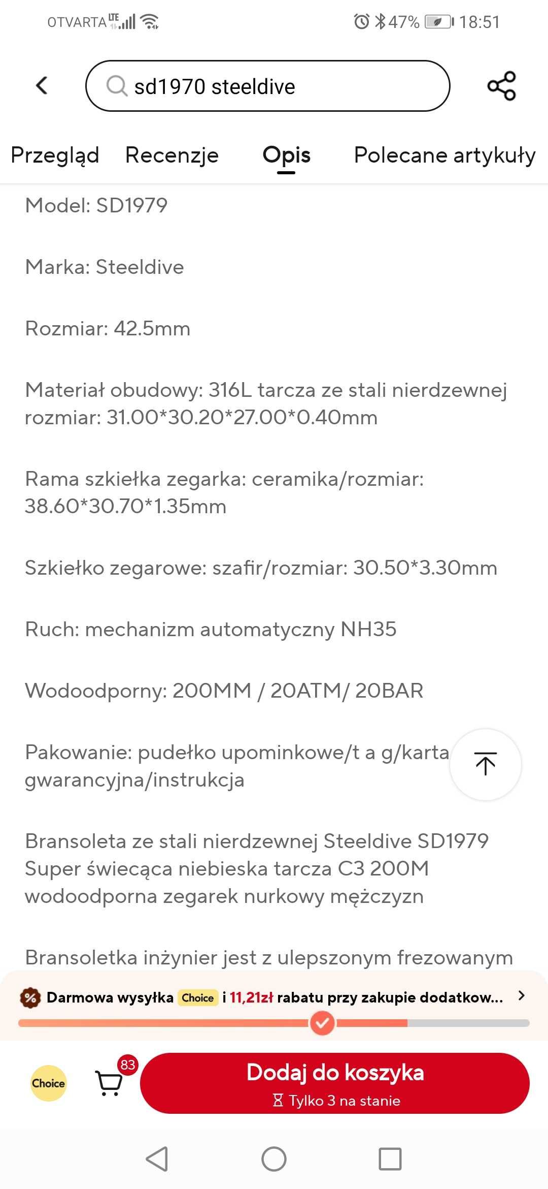 Zegarek męski Steeldive sd1979, diver, jak Squale 1521, automat
