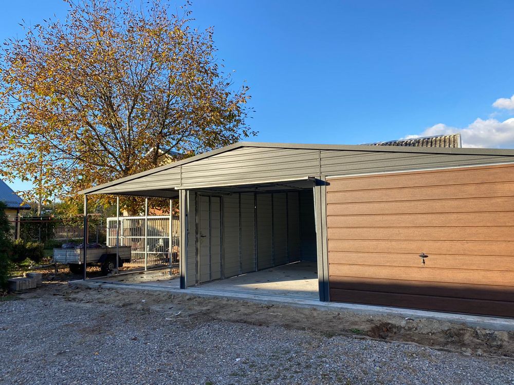 Garaż blaszany 6x6 plus wiata 3x6, antracyt, grafit mat. PRODUCENT.
