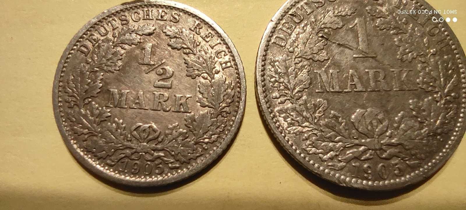 Monety srebrne zestaw Niemcy 1905 rok 1 marka i 1/2 marki Ag srebro
