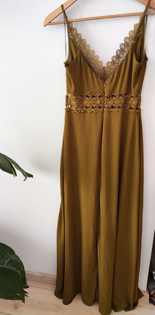 Sukienka maxi khaki zielona z koronka długa do ziemi