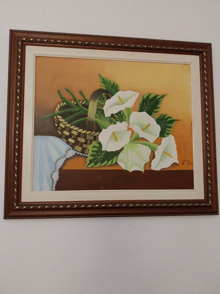 Quadro pintura à mão.  Tema: jarros em cesta