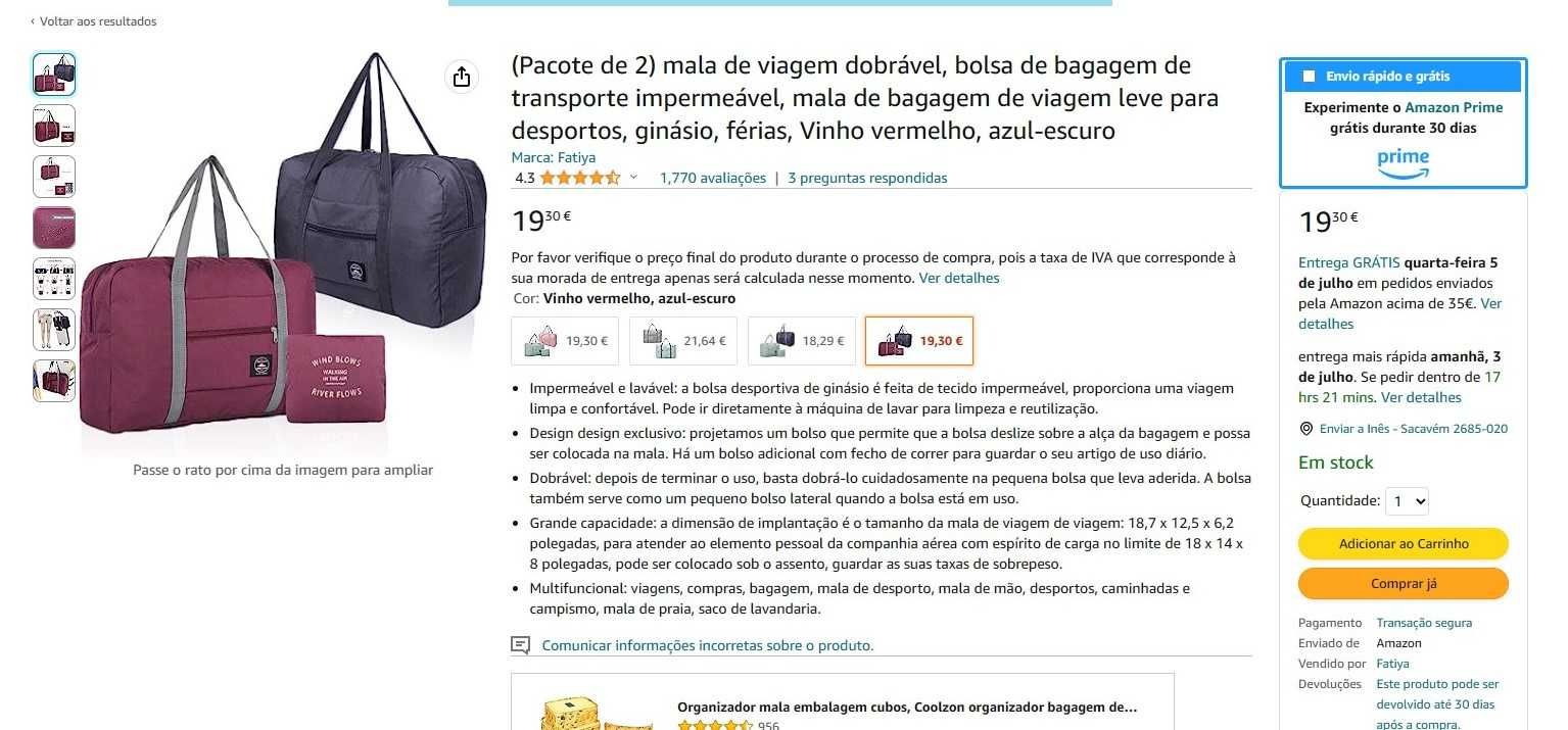 Mala multifuncional de viagem/desporto - Amazon