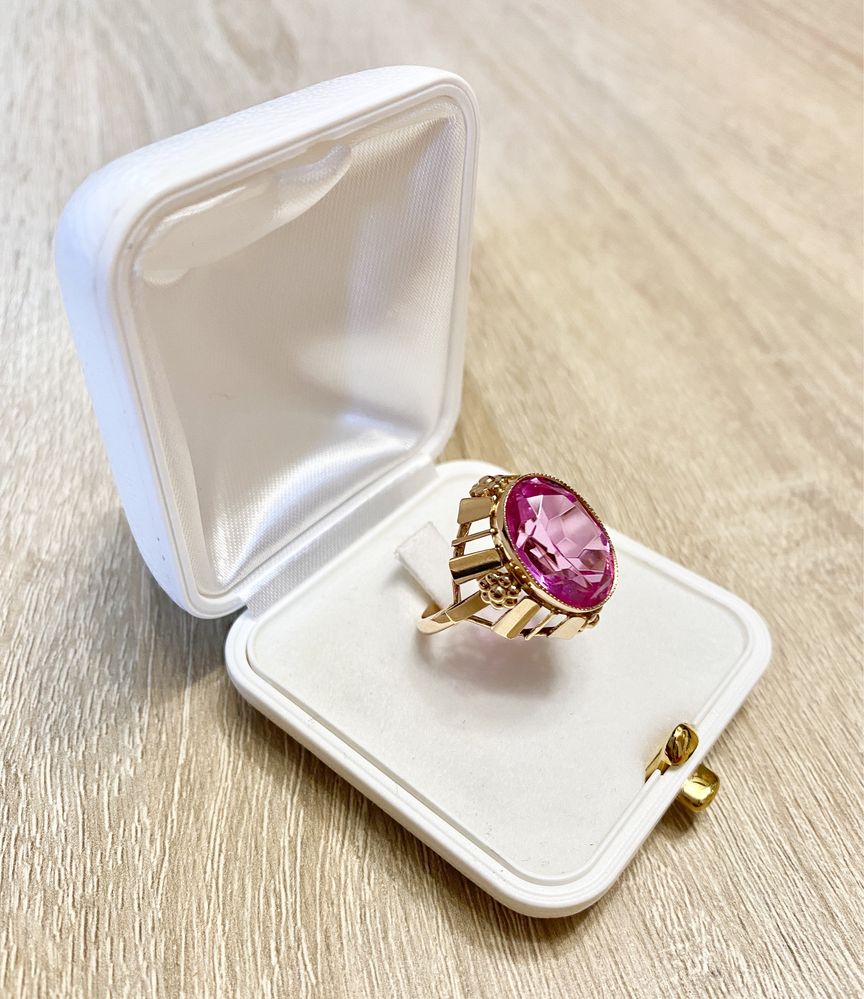 Śliczny duży złoty pierścionek z Różowym oczkiem Pr.585 Jak Nowy!
