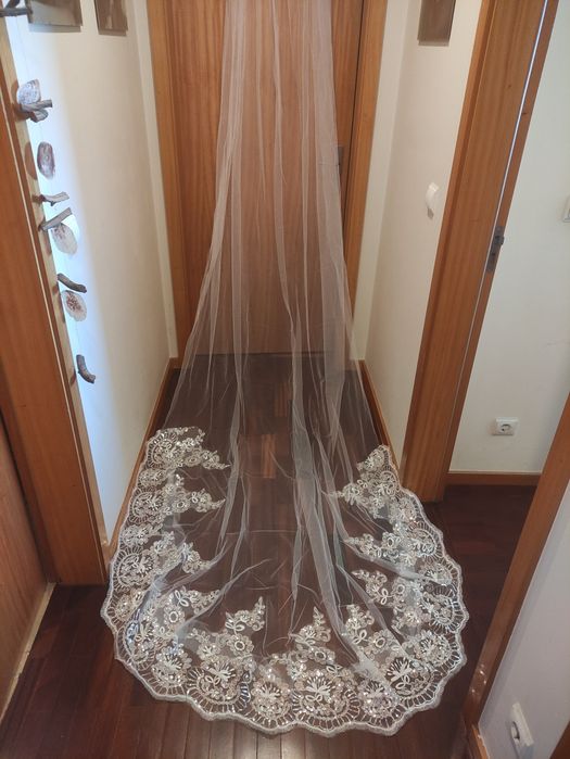 Véu Noiva Tule Renda Lantejoulas Pérola 4M