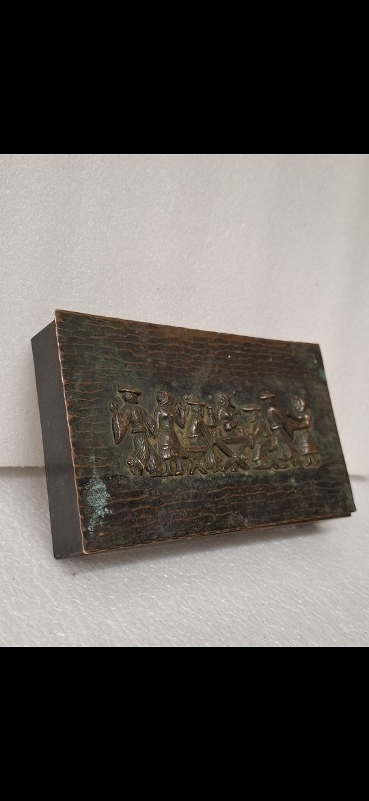 Pudełko mosiężno-drewnoane po cygaretkach vintage