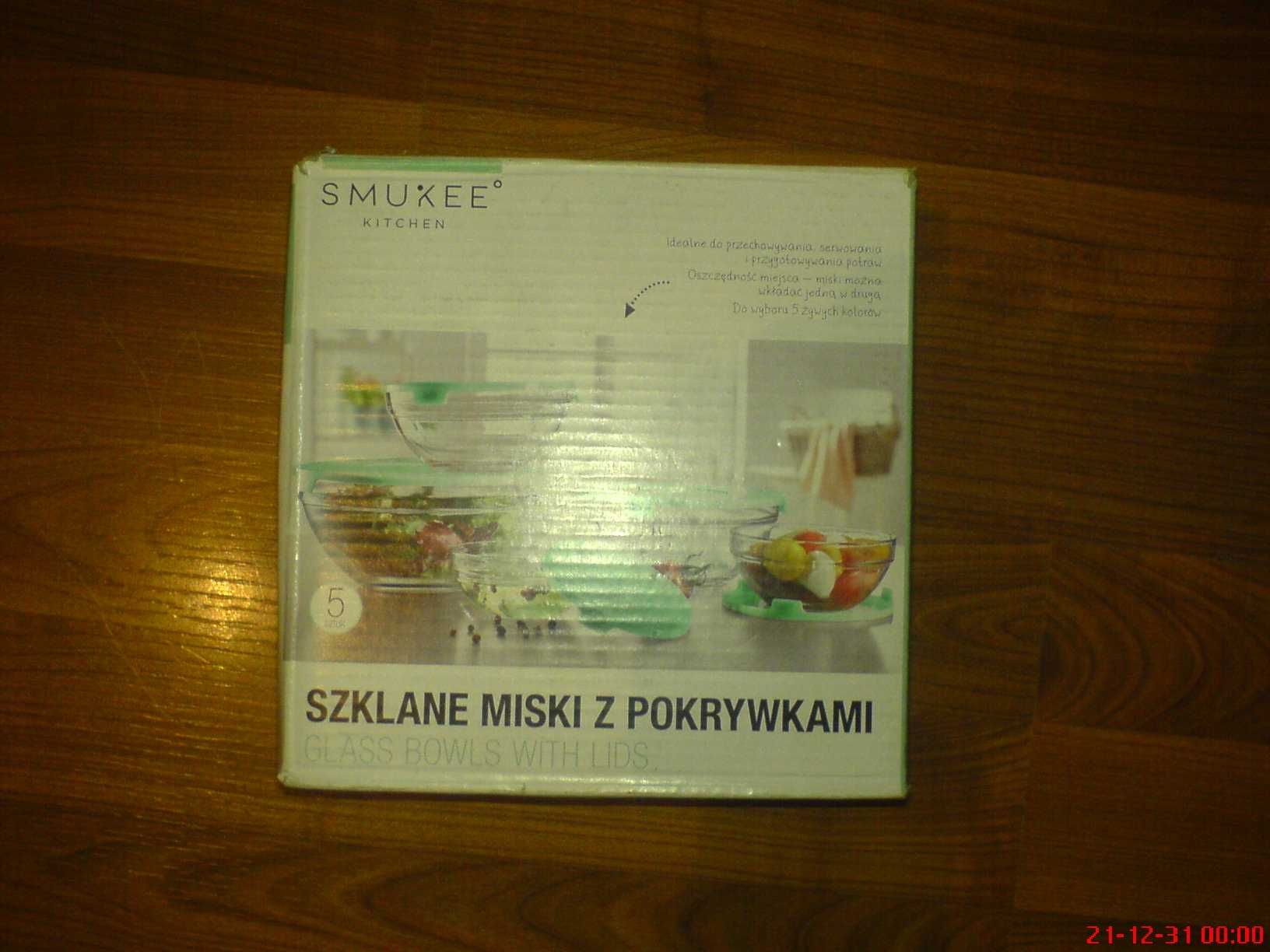 Miski Szklane salaterki Pokrywki Smuxee 5 sztuk 750/350/240/130/95 ml.