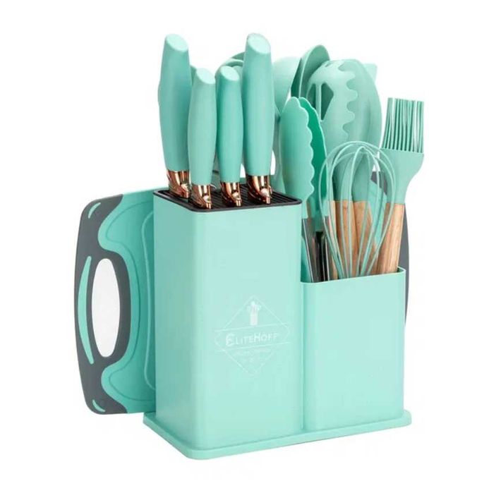 PRZYBORY SILIKONOWE kuchenne noże deska do krojenia STOJAK zestaw