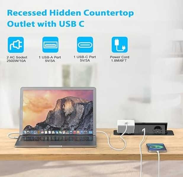 Wysuwana Listwa Zasilająca USB C PD20W 2 Gniazda do Blatu 2500W Czarna