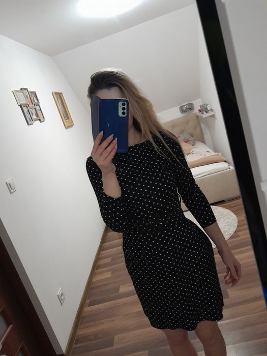 Sukienka z paskiem w groszki viskoza rozkloszowana zwiewna luźna xs s