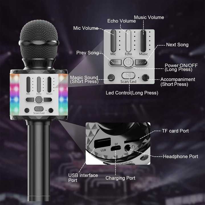 Mikrofon do karaoke, bezprzewodowy Bluetooth LED