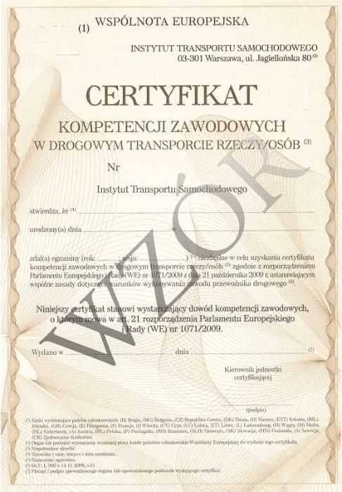 Certyfikat Kompetencji Zawodowych w transporcie rzeczy/ Licencja