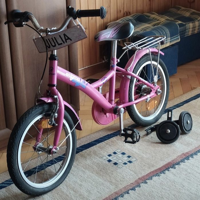 Różowy rowerek Go Sport Enigma 16" z bocznymi kółkami