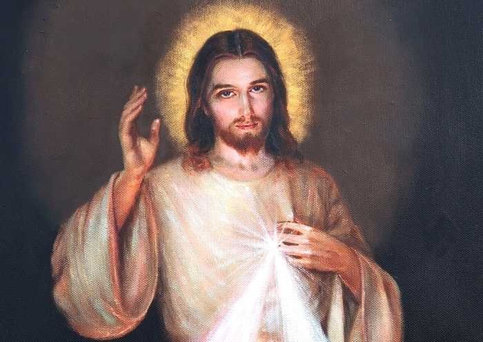 obraz malowany Jezus w modlitwie JEZU UFAM TOBIE MIŁOSIERNY rama złota