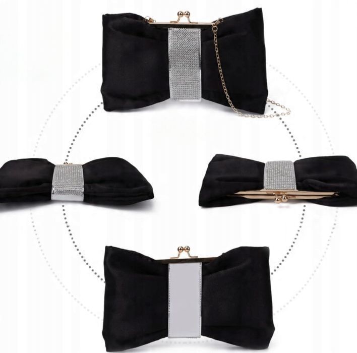 Wieczorowa Kopertówka Torebka na Ramię Czarna Satynowa Złoty Łańcuszek