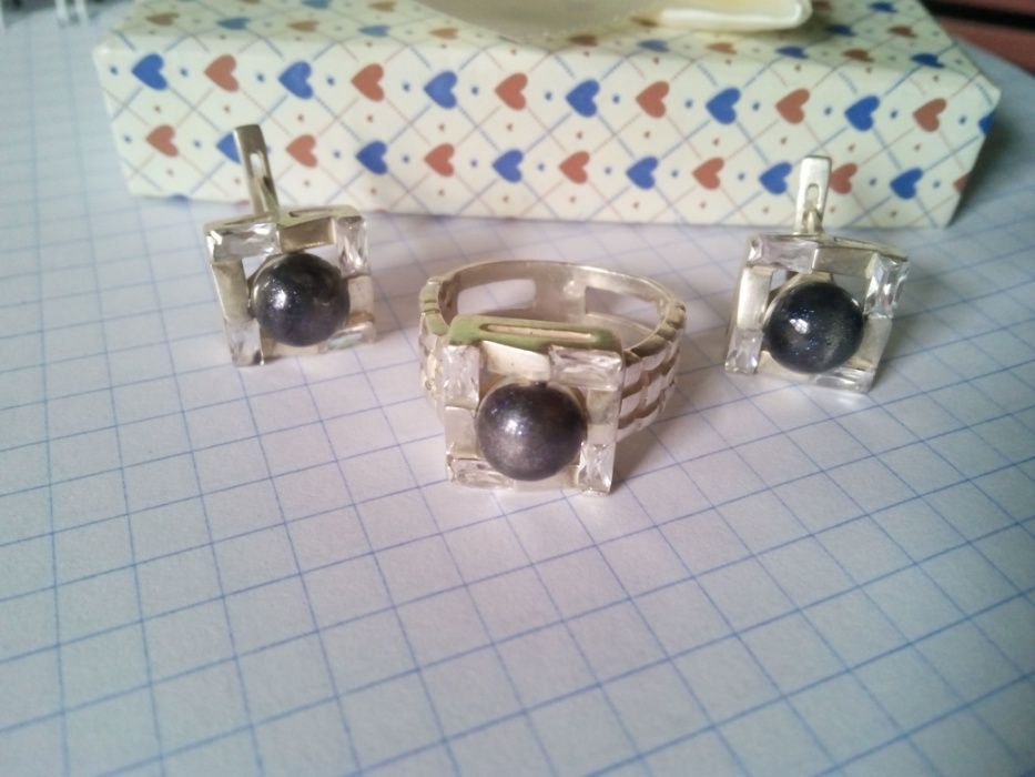 Серебряный гарнитур комплект серьги кольцо колечко жемчуг серебро 925