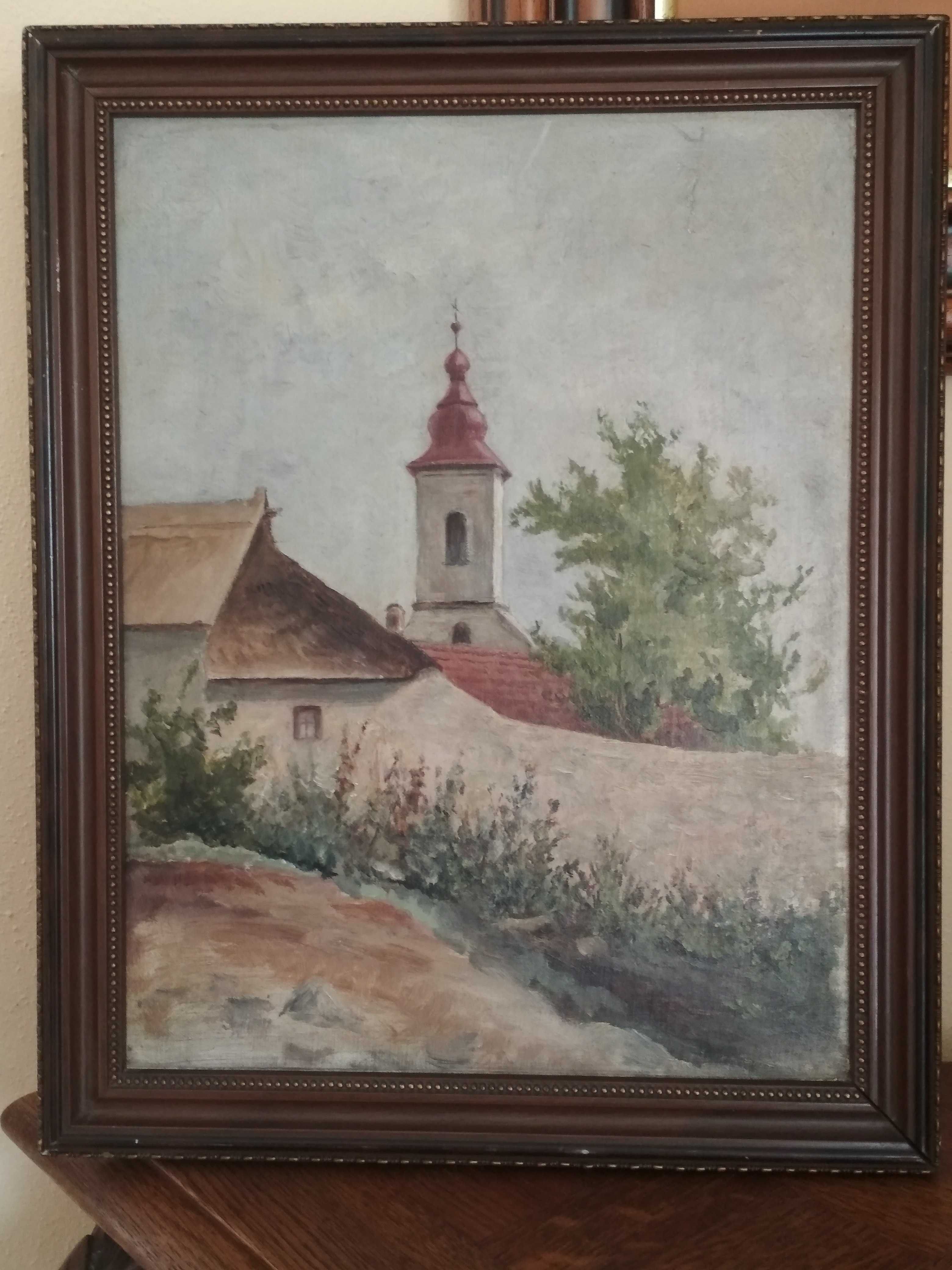 Stary obraz olejny - widok z kościołem