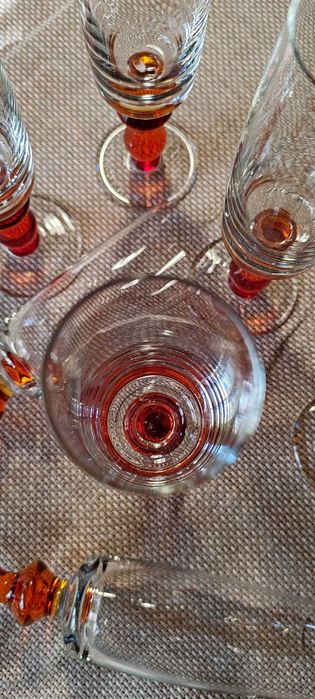 Kieliszki do szampana, pomarańczowa nóżka, Sadowski, Sudety PRL