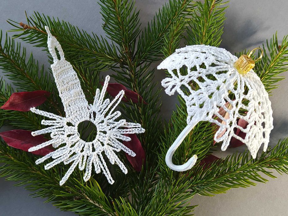 Ozdoby Choinkowe wykonane na Szydełku. Parasolki z zawieszką