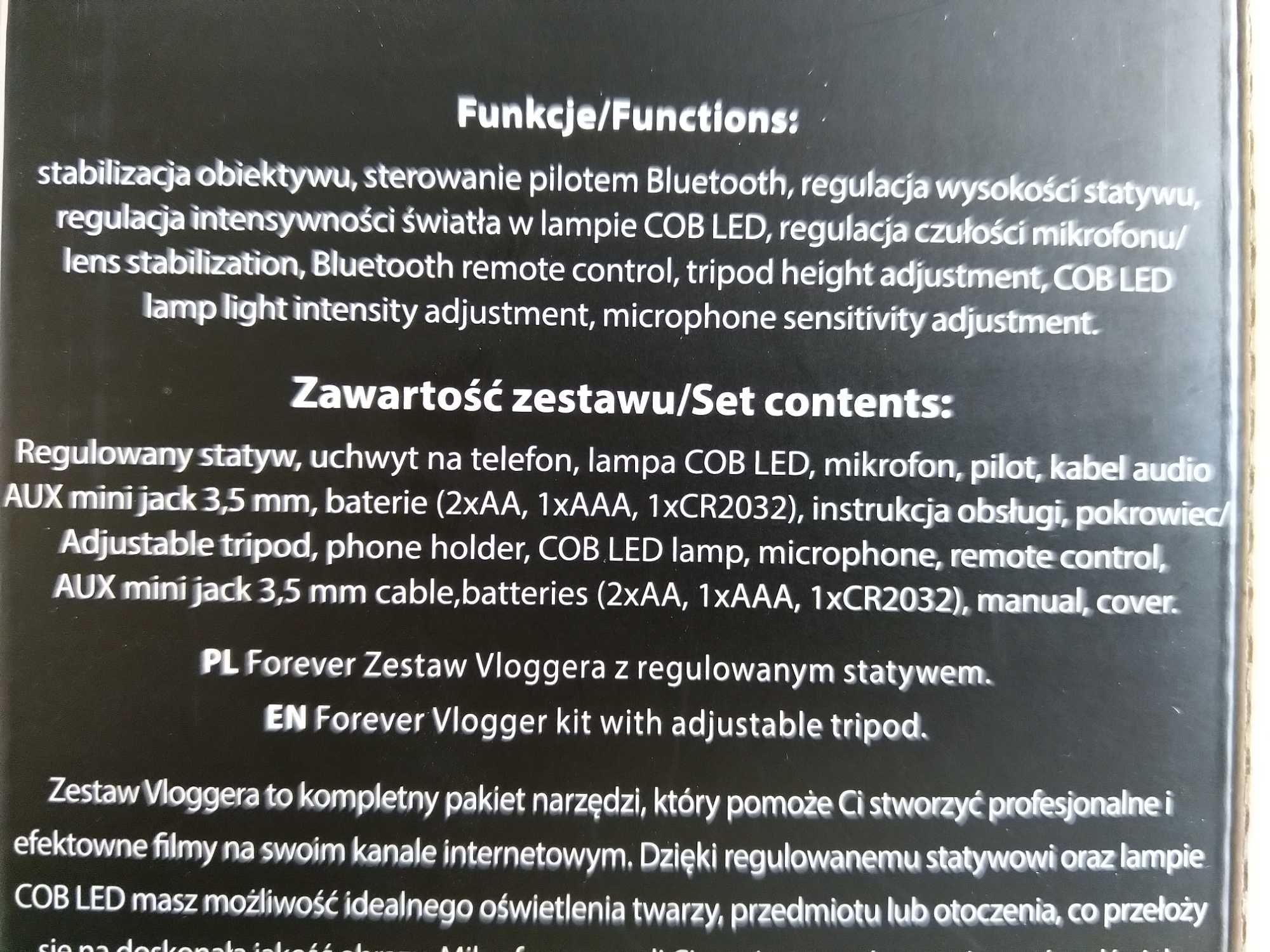 OKAZJA Zestaw vloggera + regulowany statyw pilot mikrofon lampa kabel
