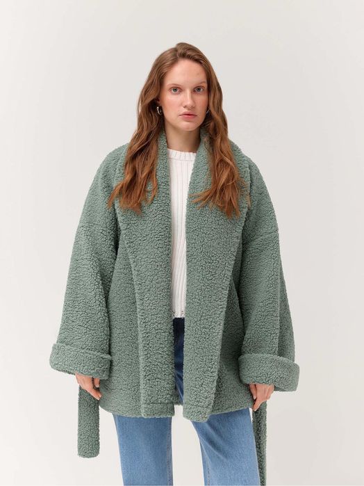 Шубка тедді зелено-мʼятного кольору, украінський бренд DiaDia