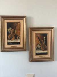 Conjunto 2 quadros óleo desenho violinos. originais assinados Rosa Lei