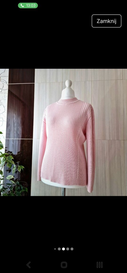 Śliczny elegancki pudrowy róż różowy sweterek 50% Merino wool 42 XL 14