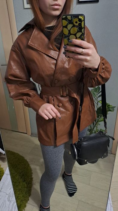 Крутой жакет Shein S кожанный, коричневый