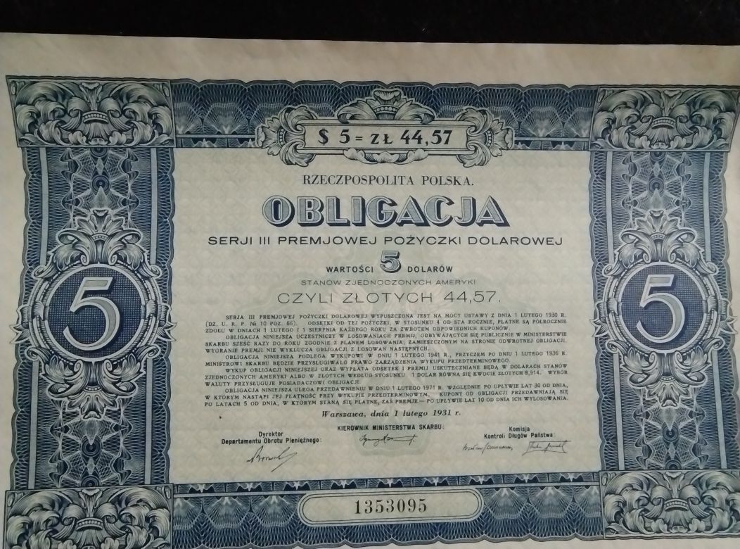 II RP Obligacja wartości 5 dolarów z 1931 roku