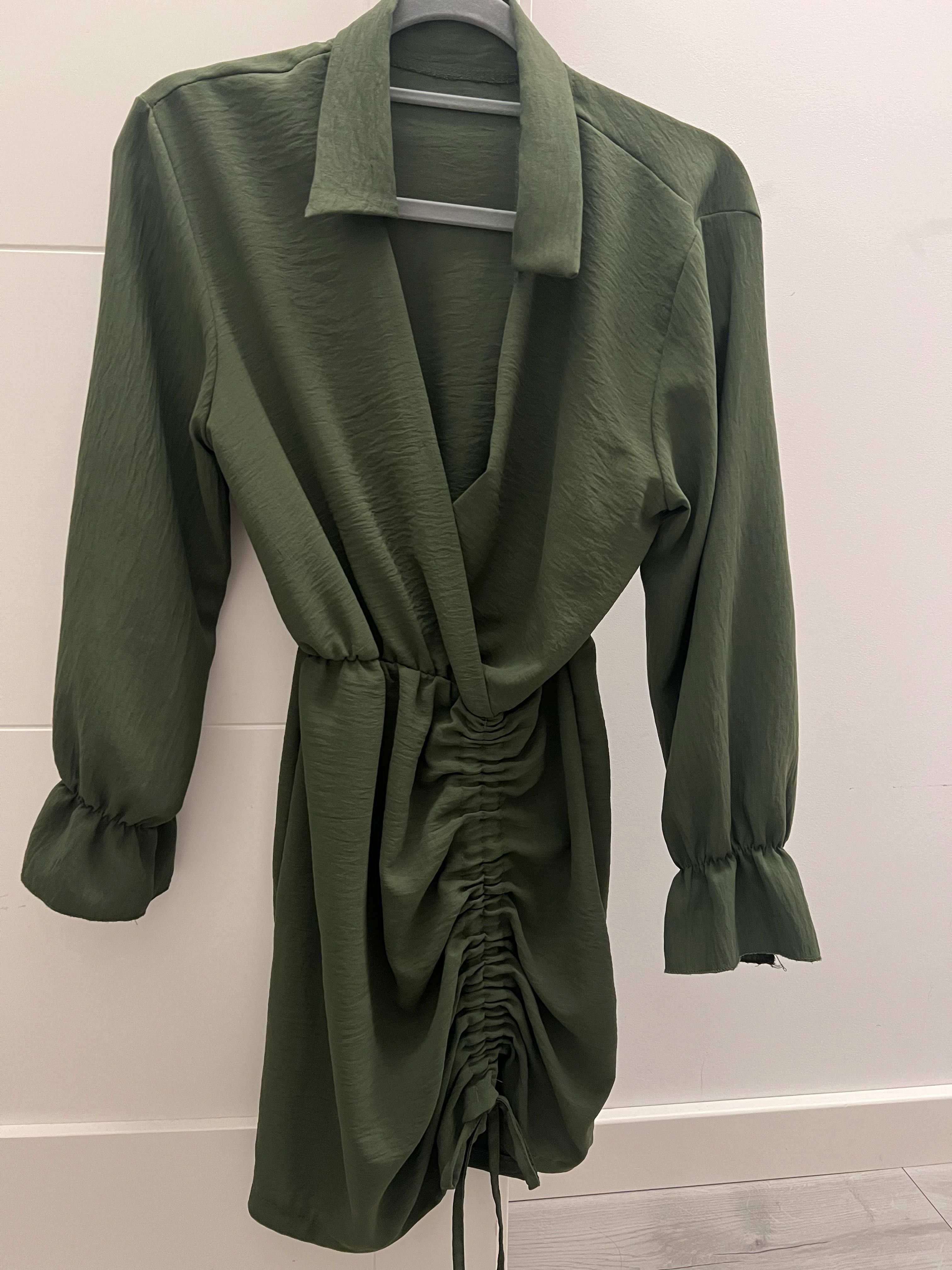 Sukienka marszczona khaki zielona rozmiar  xs/s  34/36