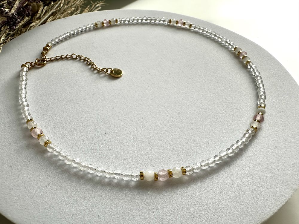 Naszyjnik choker z kamieni naturalnych kwarc różowy kryształ górski
