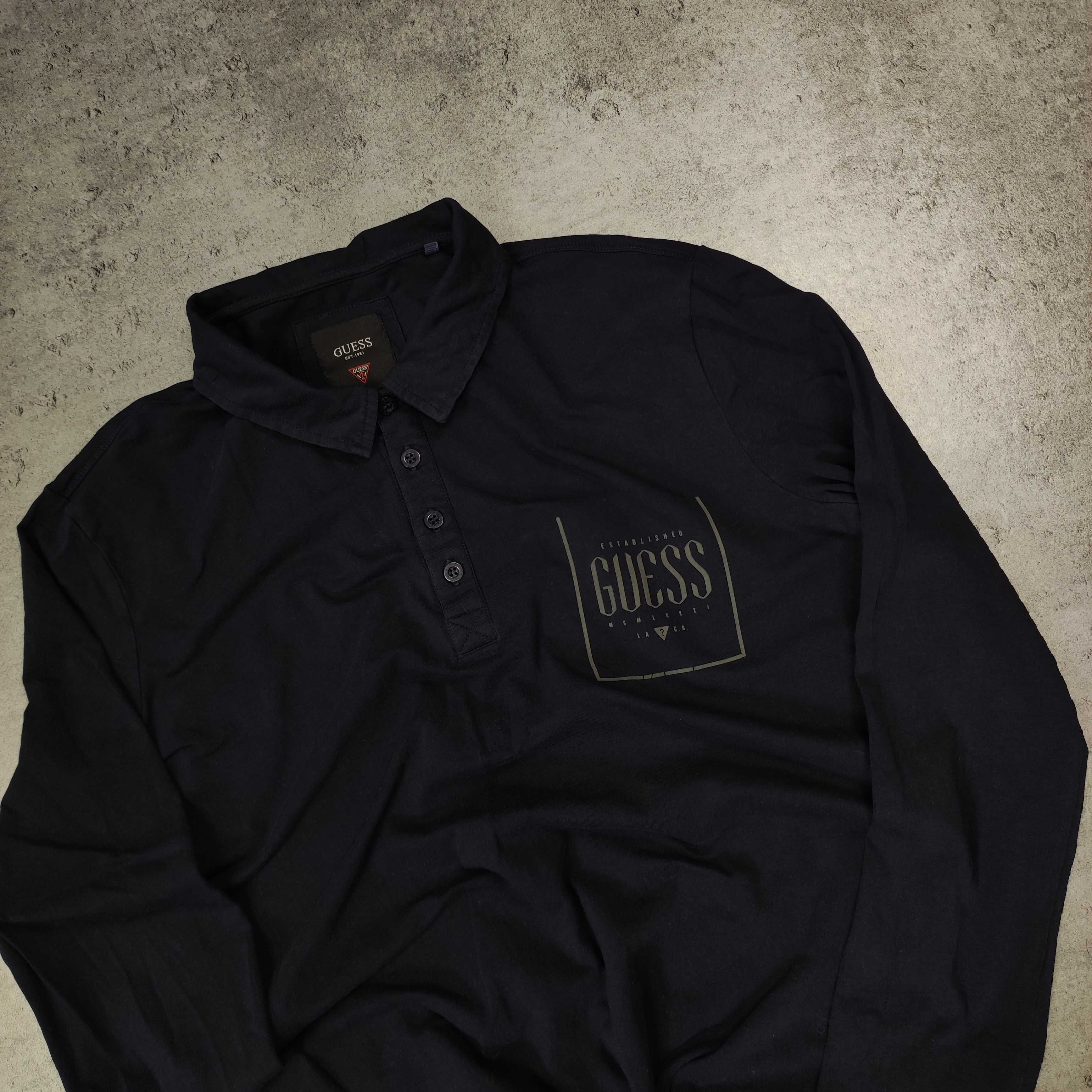 MĘSKA Elegancka Koszulka POLO Długi Rękaw Kołnierzyk Granat Guess USA