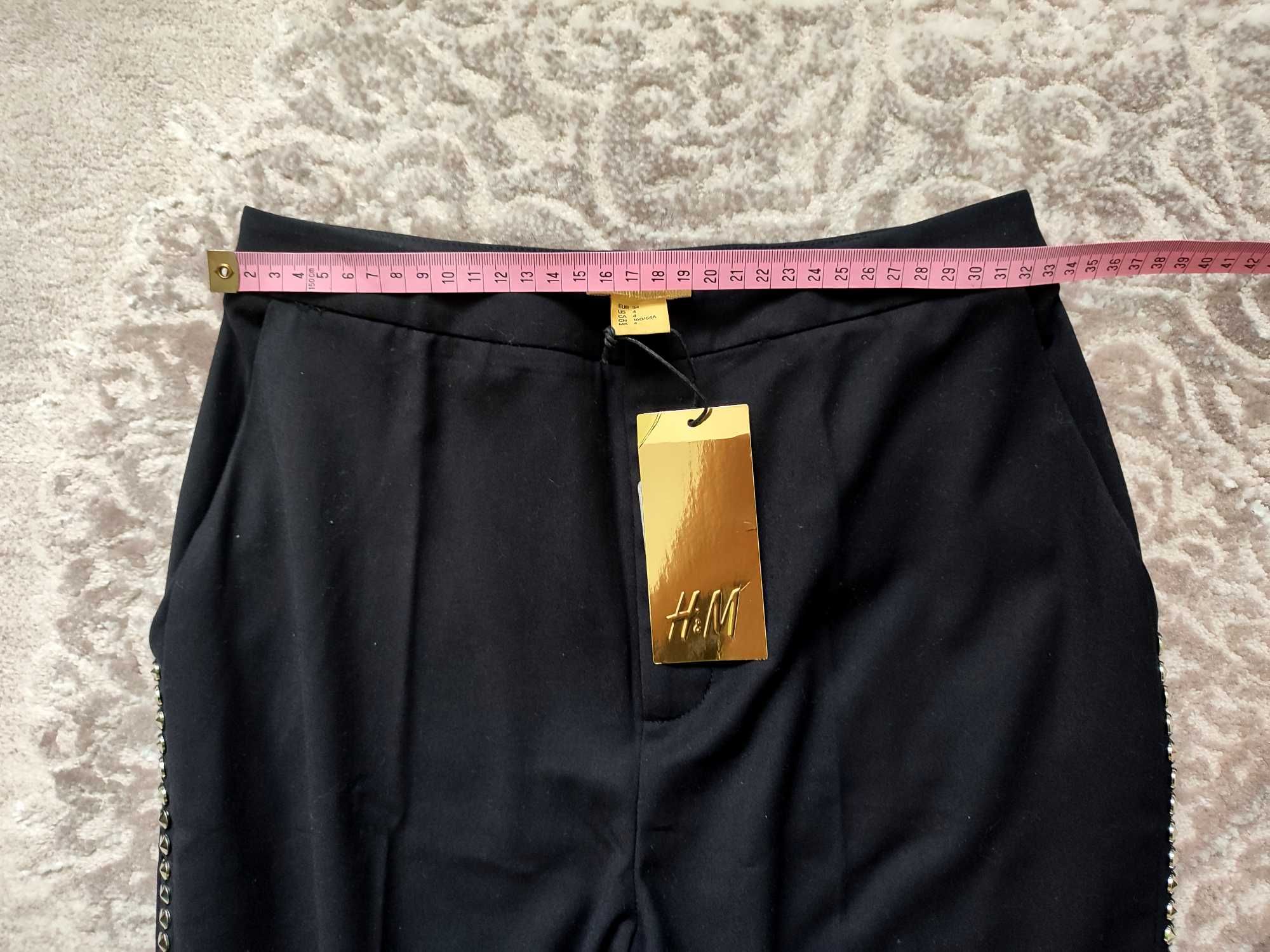 Spodnie eleganckie czarne z ćwiekami, H&M, rozmiar XS 34, nowe z metką