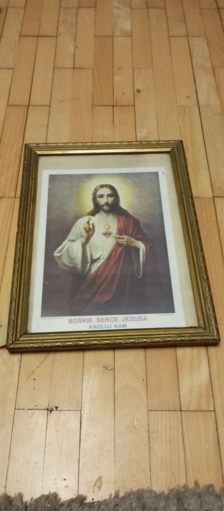 Stary obraz Boskie Serce Jezusa piękna rama rare loft unikat PRL