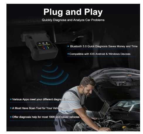 OBD2 Bluetooth 5.0 czytnik kodów iPhone iOS Android Windows Auto