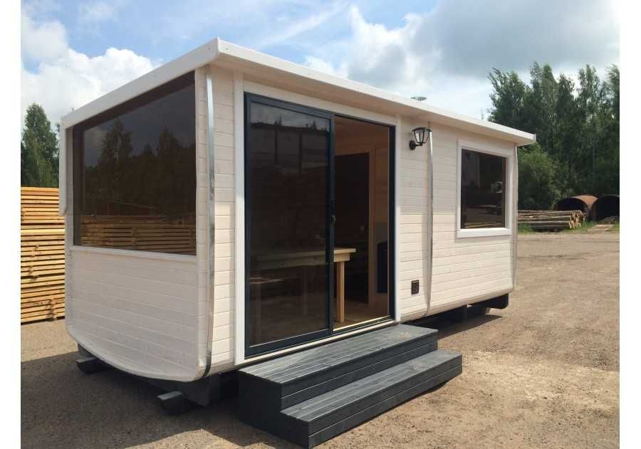 Sauna ogrodowa drewniana PING 5,0x2,4m beczka, ruska bania, fińska