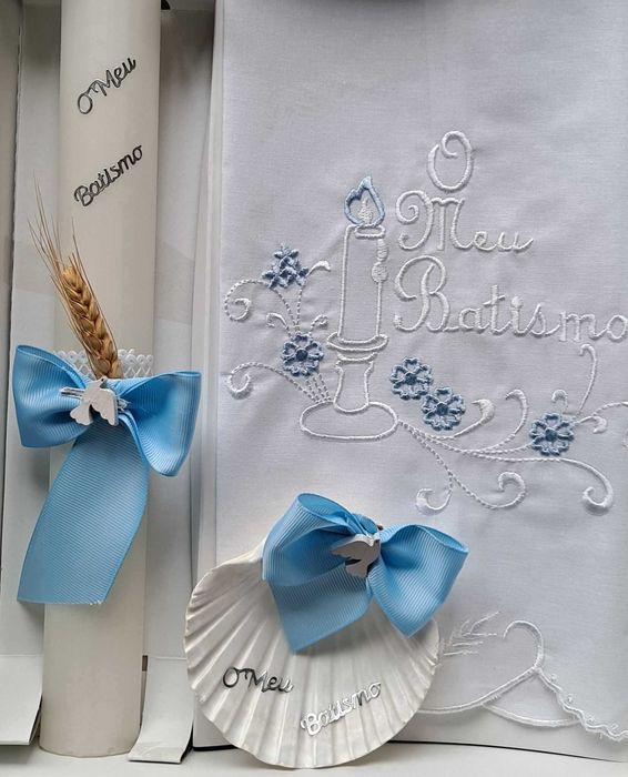 conjunto para batismo / batizado: vela, concha, toalha