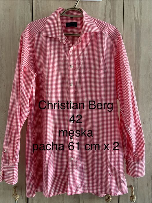 Christian Berf L 42 męska koszula długi rękaw różowa biała kratka