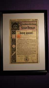 Obligacja , Akcje, Berlin 1912r. w ramce 32x 42 cm obrazek