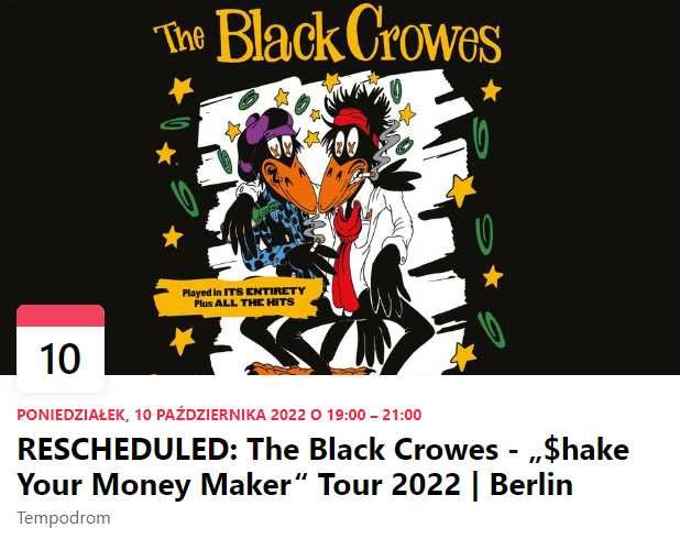 Bilet The Black Crowes płyta Berlin poniedziałek 10.10.2022