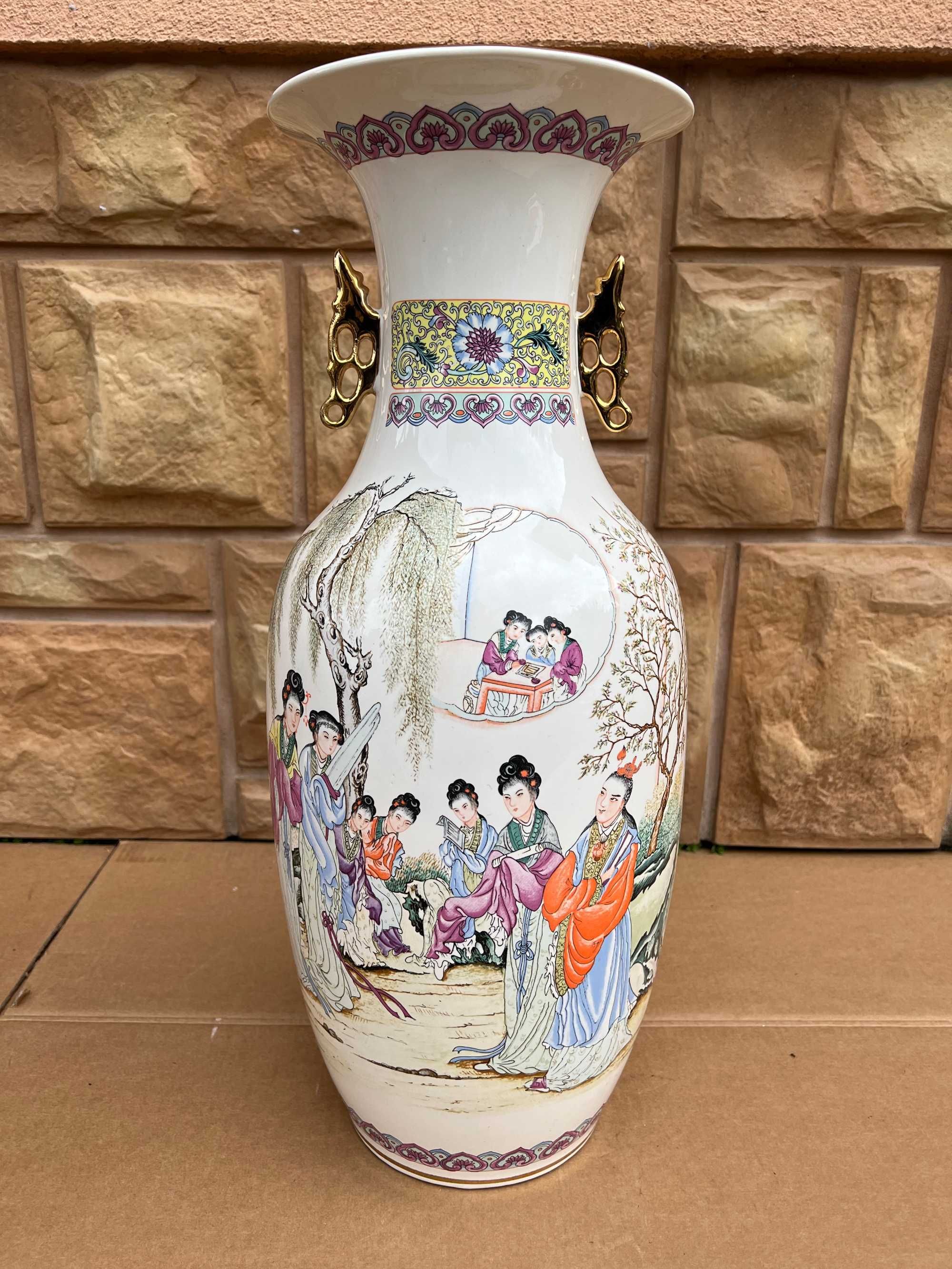Wielki Wazon Na Kwiaty Porcelana Chiny Sygnowany Malowany Vintage B516