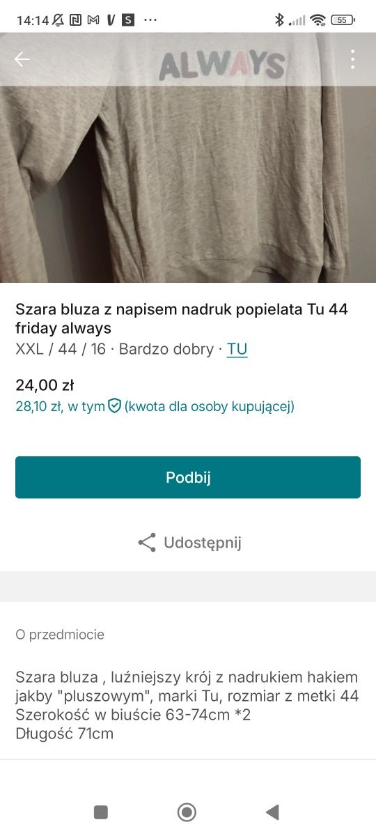 Szara bluza z napisem nadruk popielata Tu 44