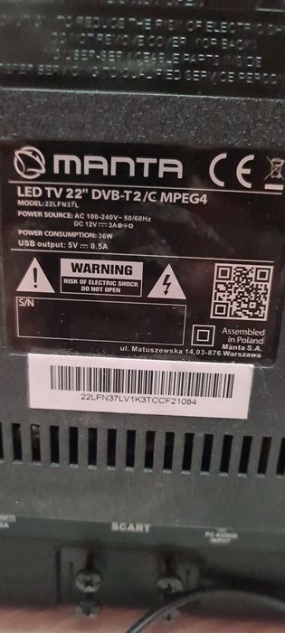 Telewizor Manta 22 cale z antena i pilotem, kamper/tir