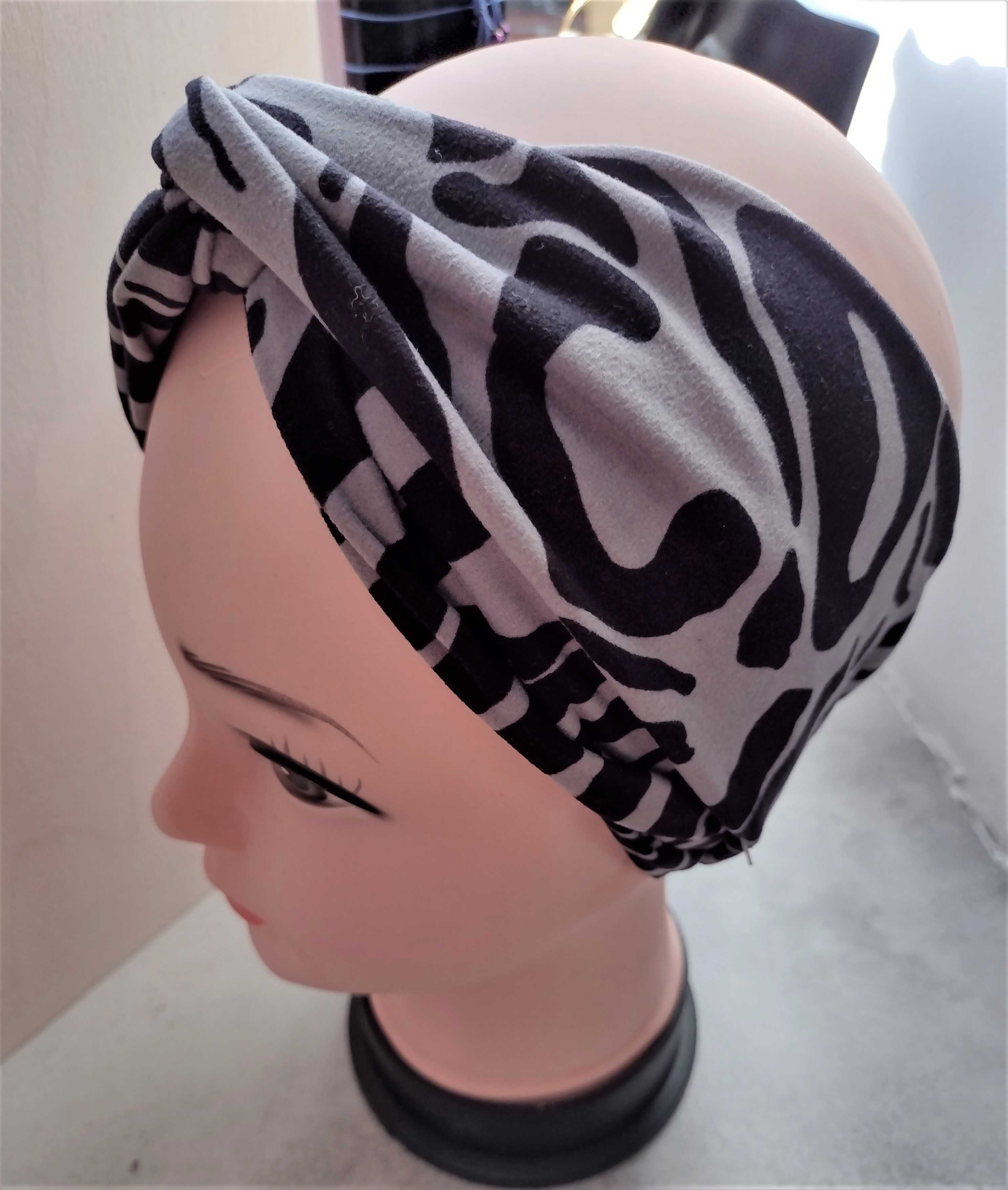 Opaska turban z supłem wiosenna czarna szara zebra kobieca rozm 54 56