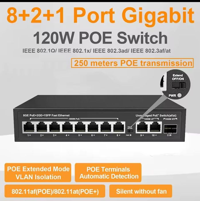 Switch PoE 8 + 2 portas 1G e 1 SFP 1G