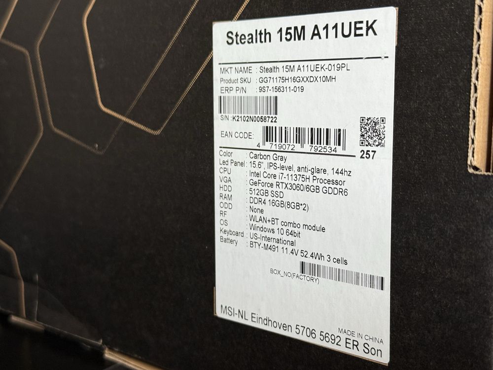 Laptop MSI Stealth 15M A11UEK i7 | RTX3060 | 32 GB RAM + nowa bateria
