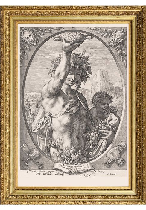XVIII wieczny miedzioryt z Bachusem, wymiar 69cm x 99cm.