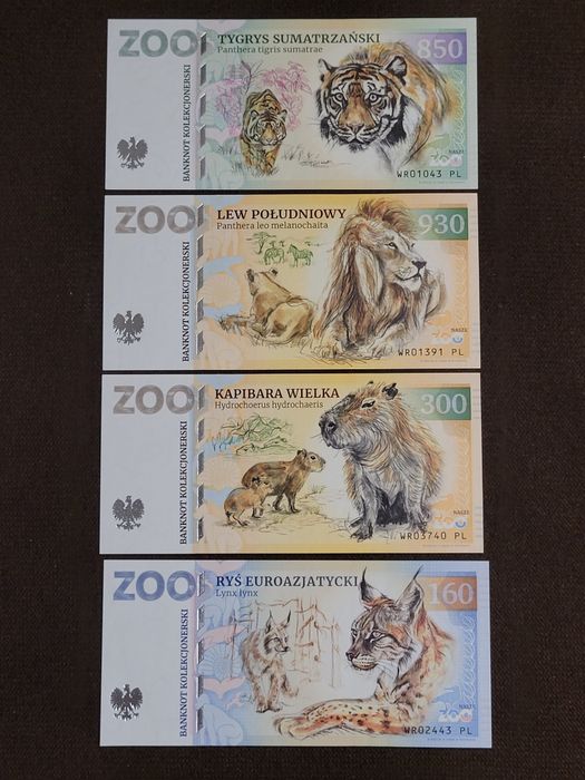Banknoty kolekcjonerskie ZOOLAR, Zoo Wrocław, zestaw 4 sztuk